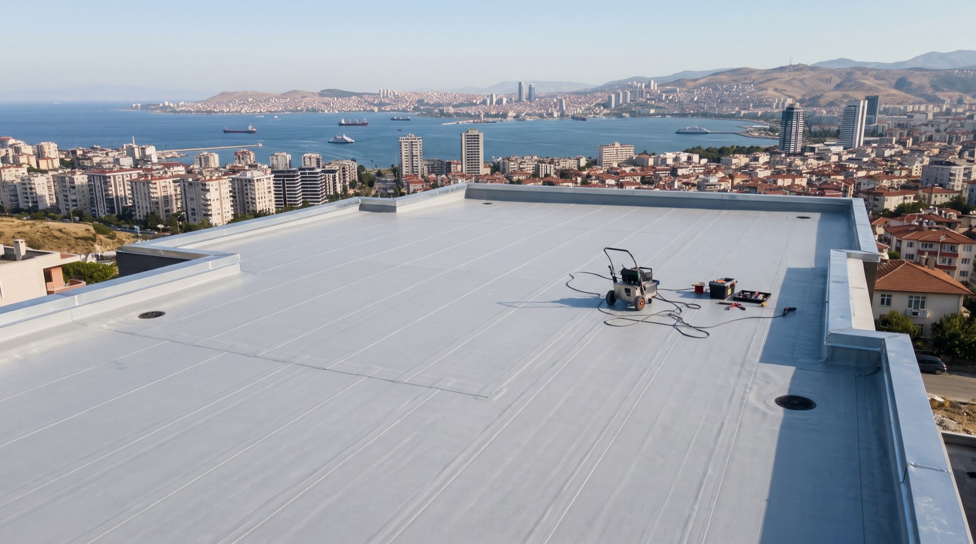 Kaynaklı ek yerleri görünen, membran kaplı düz bir teras çatı