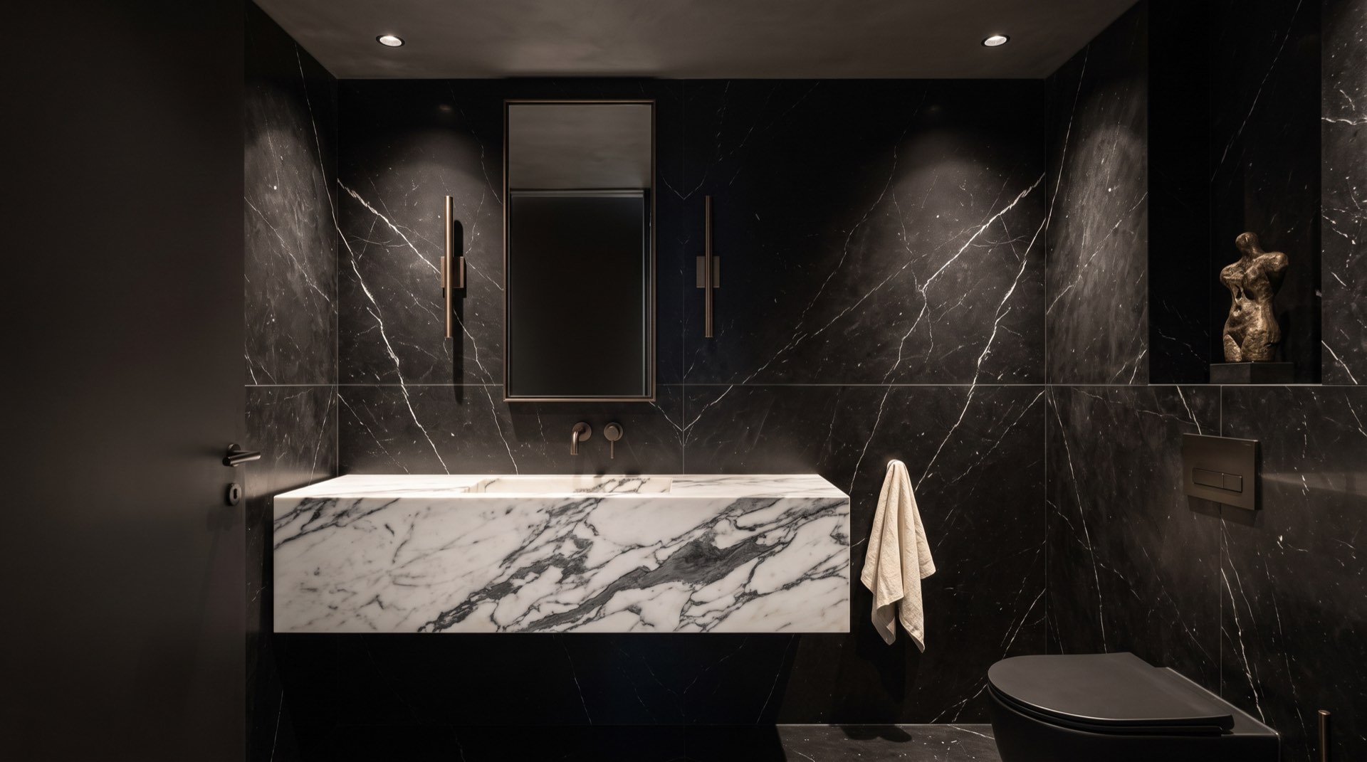 Siyah Nero Marquina mermerle kaplı, tek blok beyaz mermer lavabolu bir misafir tuvaleti